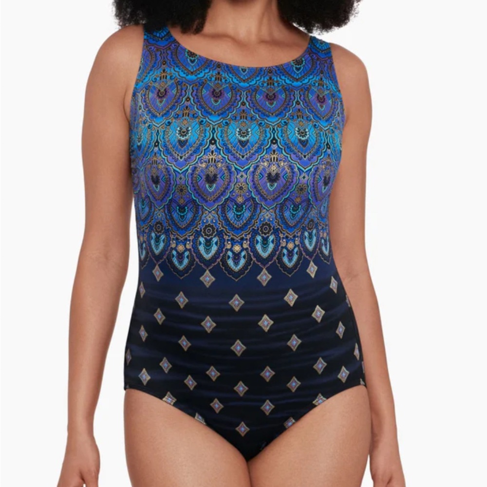 Longitude One-Piece Swimsuit Metallic Printed Padded Good Coverage Blue Size 8